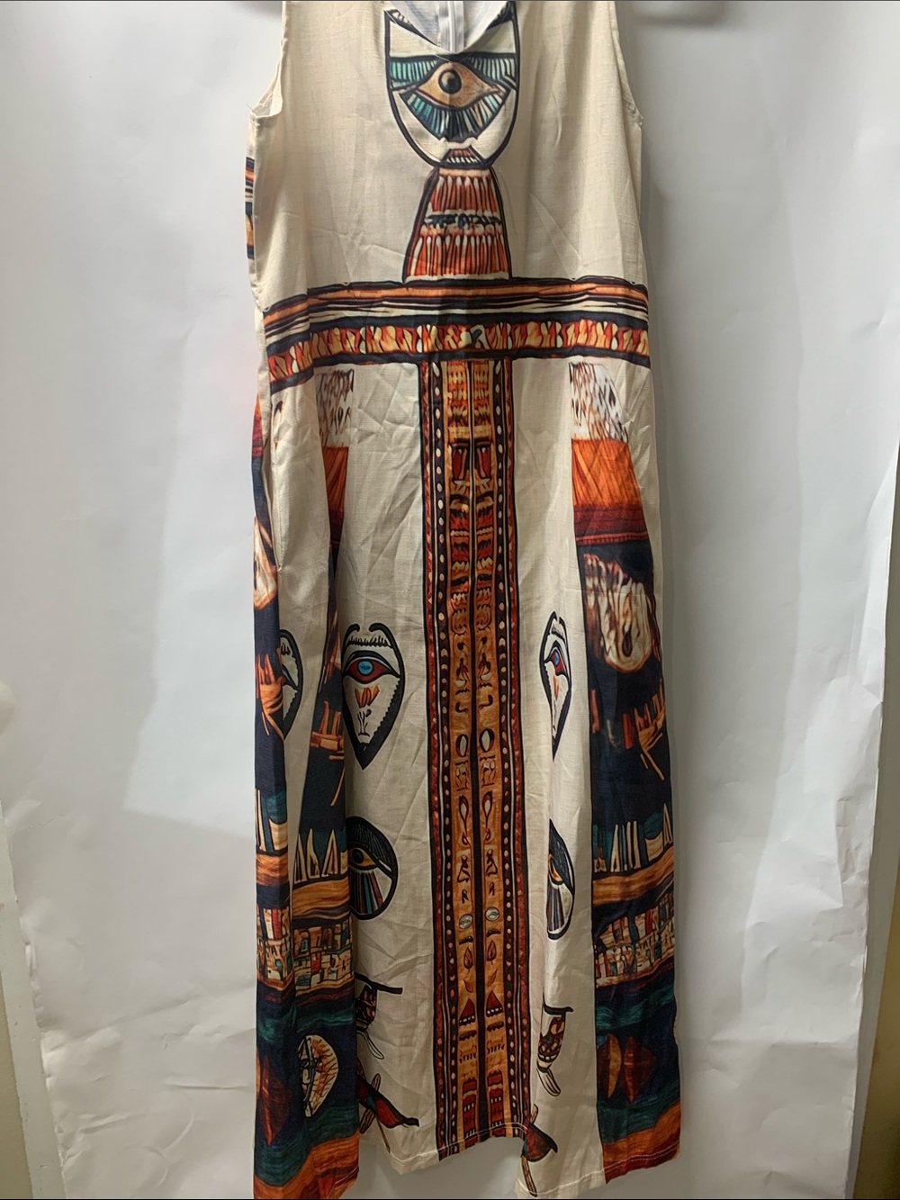 Cream Maxi Dress with Egyptian-Inspired Multicolor Print
